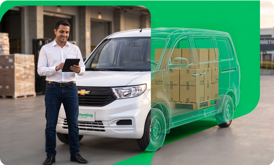 Hombre usando una tablet junto a una van de carga blanca Chevrolet y una ilustración 3D que muestra cajas apiladas en su interior.