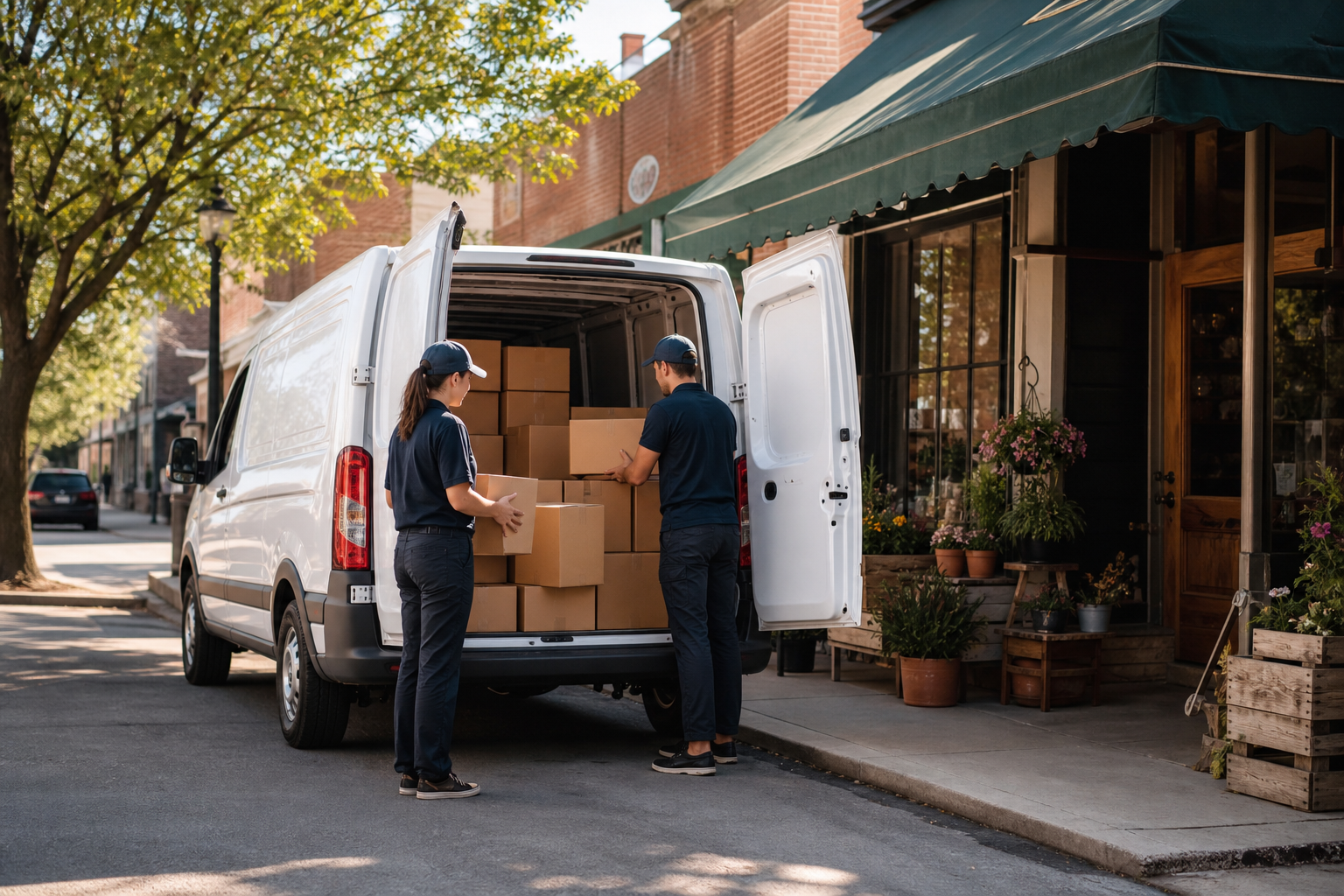 Van with Shipment Boxes at Storefront