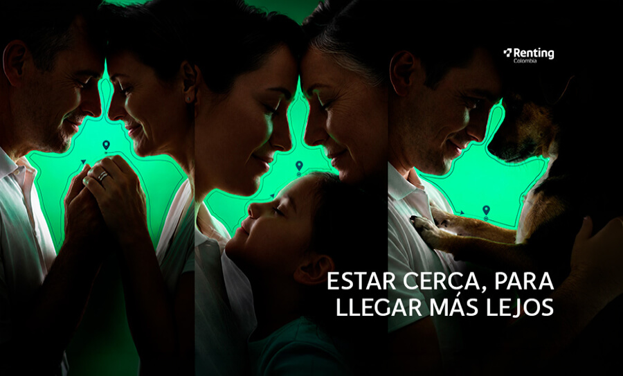 Composición fotográfica de momentos familiares de un conductor con gráficos de telemetría e Inteligencia Artificial sobre un fondo verde