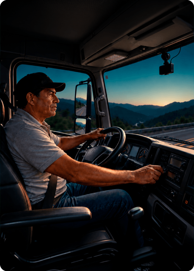 Conductor profesional manejando un camión de carga en carretera al atardecer