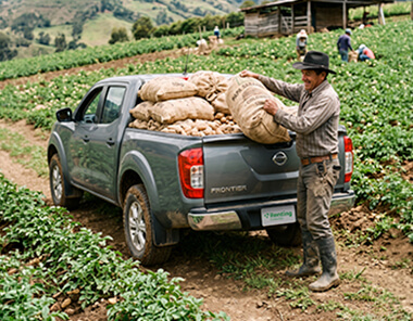 Agricultor cargando bultos de cosecha en una camioneta pickup gris de Renting Colombia, ilustrando la movilidad ideal para apoyar los ciclos productivos del agro