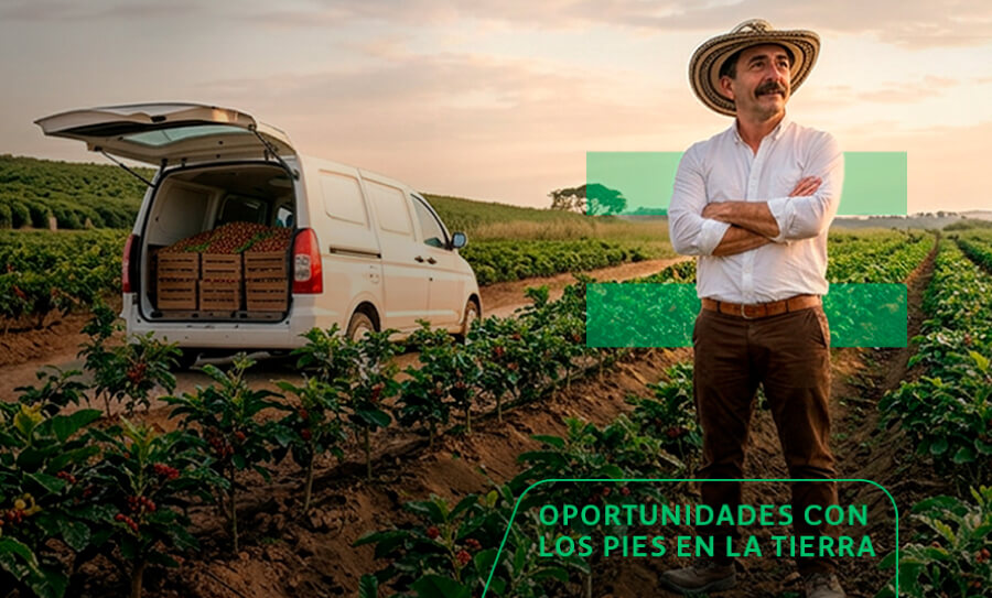 Agricultor orgulloso en un cultivo junto a una van blanca cargada de cosecha. Incluye el mensaje 'Oportunidades con los pies en la tierra', ilustrando las soluciones de renting para el campo