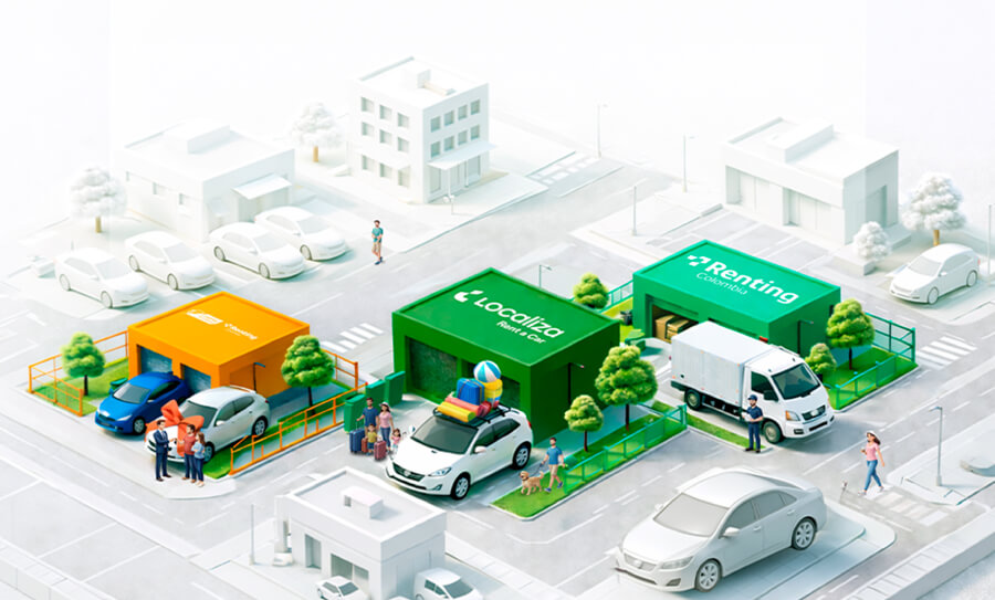 Ilustración 3D de una ciudad mostrando los diferentes recorridos de movilidad: compra de carros usados, alquiler para viajes en familia con Localiza y renting de camiones para empresas con Renting Colombia.