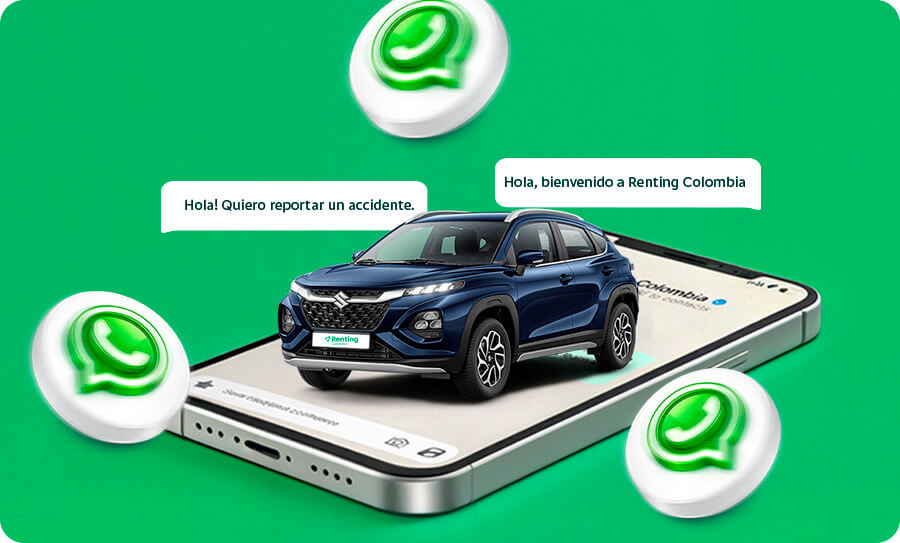 Vehículo SUV sobre un celular con íconos de WhatsApp, mostrando un chat de servicio al cliente de Renting Colombia para reportar accidentes.