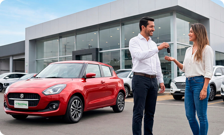 Asesor entregando las llaves de un carro rojo a una clienta feliz, ilustrando la experiencia de estrenar vehículo fácilmente con el renting para personas naturales