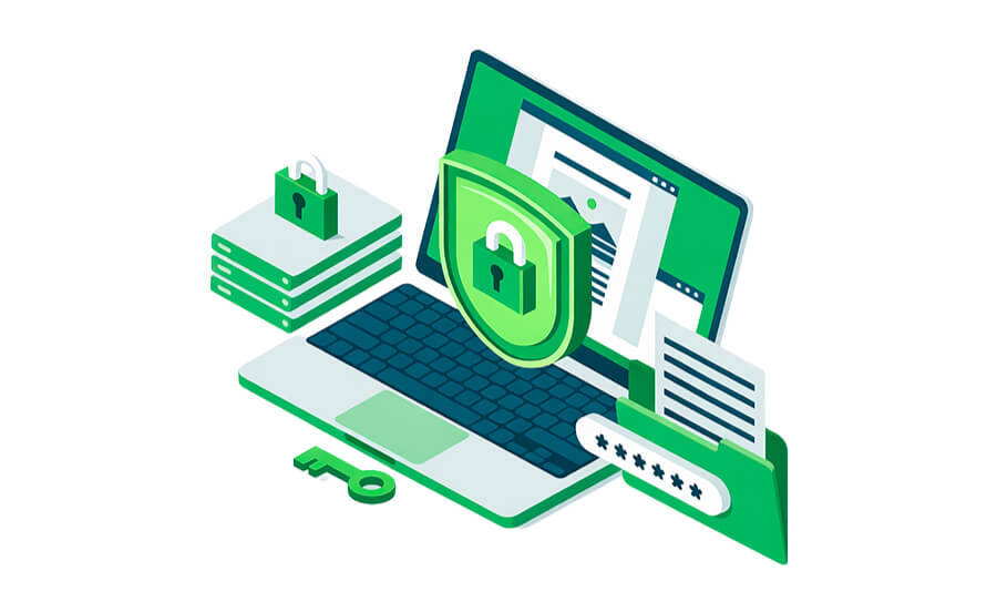 Ilustración 3D de un computador portátil protegido por un escudo y candados, representando la seguridad y privacidad en el tratamiento de tus datos personales.