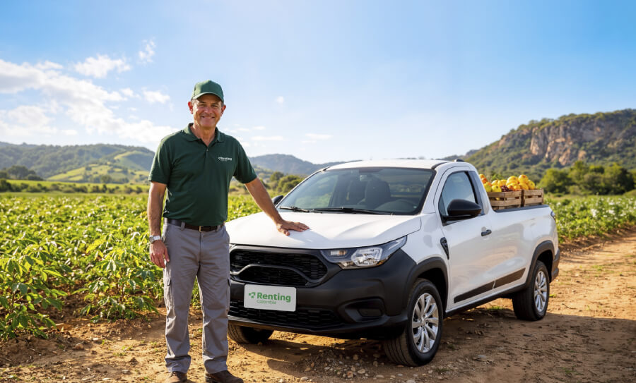 Un agricultor sonriente junto a una camioneta pick-up blanca cargada de frutas en el campo, ilustrando cómo nuestras soluciones de movilidad se adaptan a la realidad de cada persona y negocio