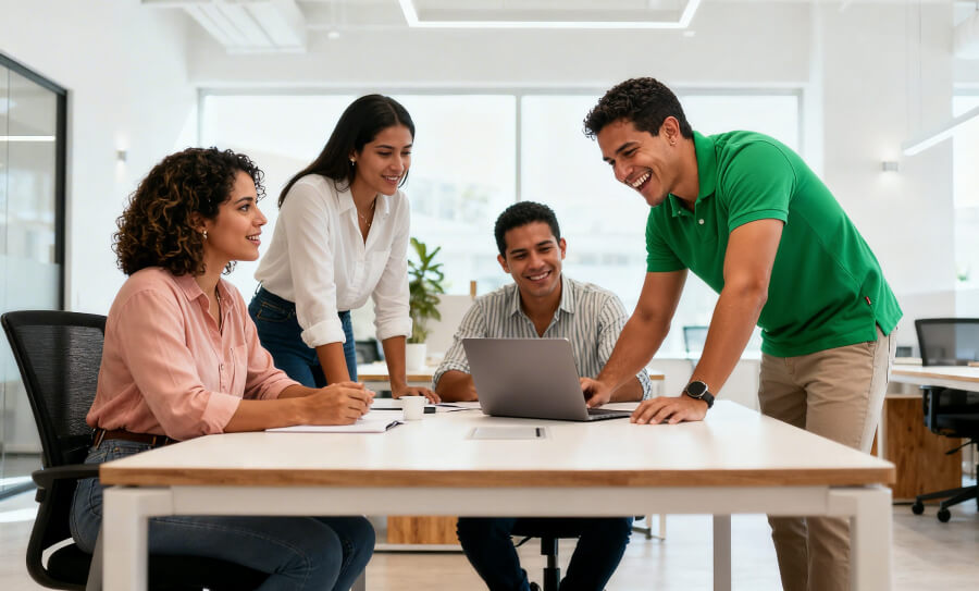 Un equipo de asesores sonriendo y colaborando frente a un computador, representando la tranquilidad de encontrar respuestas claras a tus preguntas frecuentes