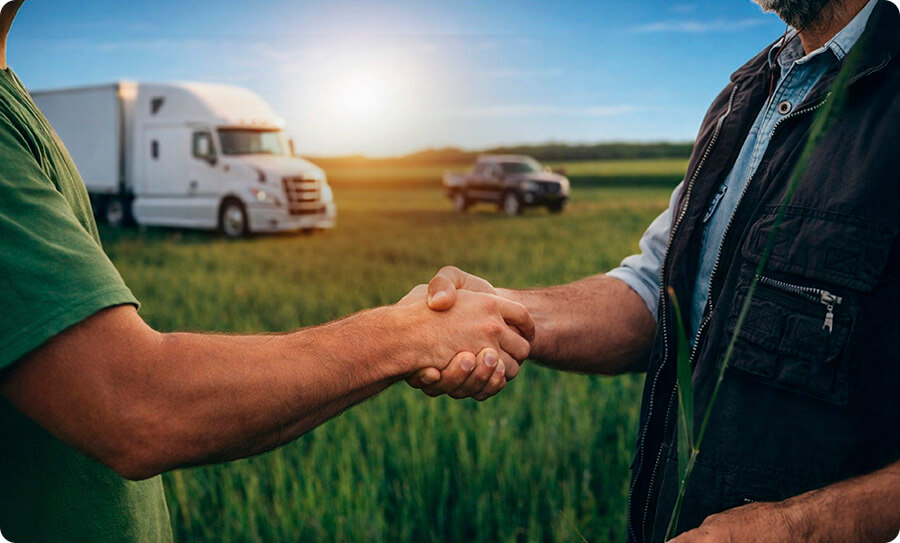 Dos hombres dándose un apretón de manos en un campo verde con vehículos al fondo, ilustrando el compromiso de Renting Colombia con los criterios ESG: cuidado ambiental, responsabilidad social y ética corporativa en la movilidad.